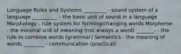 Language Rules and Systems _________ - sound system of a language __________ - the basic unit of sound in a language Morphology - rule system for forming/changing words Morpheme - the minimal unit of meaning (not always a word) _______- - the rule to combine words (grammar) Semantics - the meaning of words ________ - communication (practical)