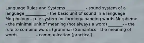 Language Rules and Systems _________ - sound system of a language __________ - the basic unit of sound in a language Morphology - rule system for forming/changing words Morpheme - the minimal unit of meaning (not always a word) _______- - the rule to combine words (grammar) Semantics - the meaning of words ________ - communication (practical)