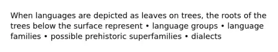 When languages are depicted as leaves on trees, the roots of the trees below the surface represent • language groups • language families • possible prehistoric superfamilies • dialects