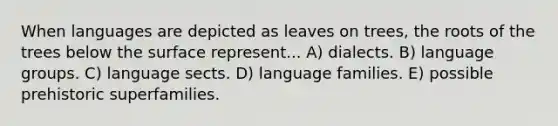 When languages are depicted as leaves on trees, the roots of the trees below the surface represent... A) dialects. B) language groups. C) language sects. D) language families. E) possible prehistoric superfamilies.