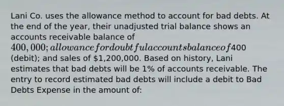 Lani Co. uses the allowance method to account for bad debts. At the end of the year, their unadjusted trial balance shows an accounts receivable balance of 400,000; allowance for doubtful accounts balance of400 (debit); and sales of 1,200,000. Based on history, Lani estimates that bad debts will be 1% of accounts receivable. The entry to record estimated bad debts will include a debit to Bad Debts Expense in the amount of: