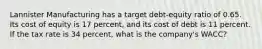 Lannister Manufacturing has a target debt-equity ratio of 0.65. Its cost of equity is 17 percent, and its cost of debt is 11 percent. If the tax rate is 34 percent, what is the company's WACC?