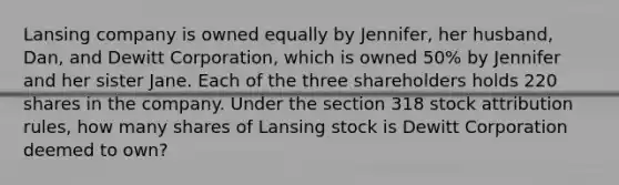 Lansing company is owned equally by Jennifer, her husband, Dan, and Dewitt Corporation, which is owned 50% by Jennifer and her sister Jane. Each of the three shareholders holds 220 shares in the company. Under the section 318 stock attribution rules, how many shares of Lansing stock is Dewitt Corporation deemed to own?