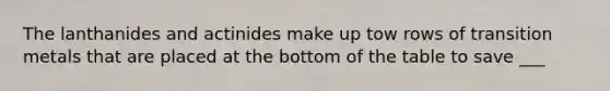 The lanthanides and actinides make up tow rows of transition metals that are placed at the bottom of the table to save ___