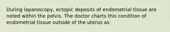 During laparoscopy, ectopic deposits of endometrial tissue are noted within the pelvis. The doctor charts this condition of endometrial tissue outside of the uterus as