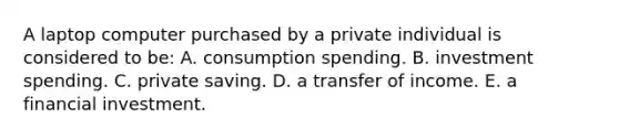 A laptop computer purchased by a private individual is considered to be: A. consumption spending. B. investment spending. C. private saving. D. a transfer of income. E. a financial investment.