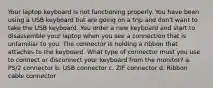 Your laptop keyboard is not functioning properly. You have been using a USB keyboard but are going on a trip and don't want to take the USB keyboard. You order a new keyboard and start to disassemble your laptop when you see a connection that is unfamiliar to you. The connector is holding a ribbon that attaches to the keyboard. What type of connector must you use to connect or disconnect your keyboard from the monitor? a. PS/2 connector b. USB connector c. ZIF connector d. Ribbon cable connector