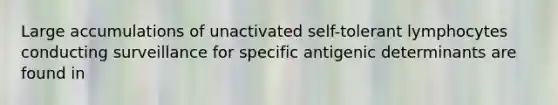 Large accumulations of unactivated self-tolerant lymphocytes conducting surveillance for specific antigenic determinants are found in