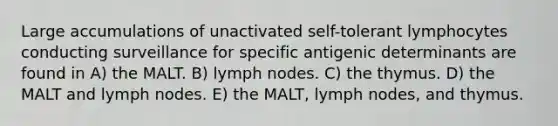 Large accumulations of unactivated self-tolerant lymphocytes conducting surveillance for specific antigenic determinants are found in A) the MALT. B) lymph nodes. C) the thymus. D) the MALT and lymph nodes. E) the MALT, lymph nodes, and thymus.