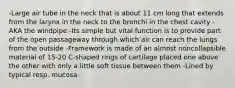 -Large air tube in the neck that is about 11 cm long that extends from the larynx in the neck to the bronchi in the chest cavity -AKA the windpipe -Its simple but vital function is to provide part of the open passageway through which air can reach the lungs from the outside -Framework is made of an almost noncollapsible material of 15-20 C-shaped rings of cartilage placed one above the other with only a little soft tissue between them -Lined by typical resp. mucosa