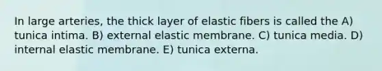 In large arteries, the thick layer of elastic fibers is called the A) tunica intima. B) external elastic membrane. C) tunica media. D) internal elastic membrane. E) tunica externa.