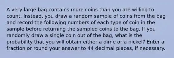 A very large bag contains more coins than you are willing to count. Instead, you draw a random sample of coins from the bag and record the following numbers of each type of coin in the sample before returning the sampled coins to the bag. If you randomly draw a single coin out of the bag, what is the probability that you will obtain either a dime or a nickel? Enter a fraction or round your answer to 44 decimal places, if necessary.