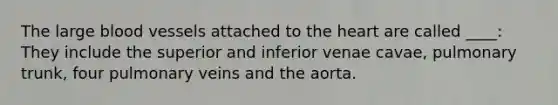 The large blood vessels attached to the heart are called ____: They include the superior and inferior venae cavae, pulmonary trunk, four pulmonary veins and the aorta.