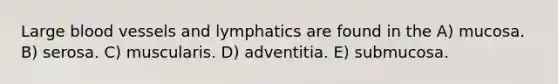 Large <a href='https://www.questionai.com/knowledge/kZJ3mNKN7P-blood-vessels' class='anchor-knowledge'>blood vessels</a> and lymphatics are found in the A) mucosa. B) serosa. C) muscularis. D) adventitia. E) submucosa.