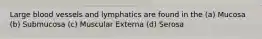 Large blood vessels and lymphatics are found in the (a) Mucosa (b) Submucosa (c) Muscular Externa (d) Serosa