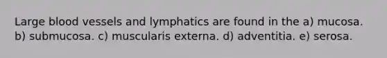 Large blood vessels and lymphatics are found in the a) mucosa. b) submucosa. c) muscularis externa. d) adventitia. e) serosa.
