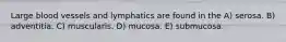 Large blood vessels and lymphatics are found in the A) serosa. B) adventitia. C) muscularis. D) mucosa. E) submucosa.