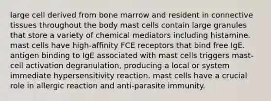 large cell derived from bone marrow and resident in connective tissues throughout the body mast cells contain large granules that store a variety of chemical mediators including histamine. mast cells have high-affinity FCE receptors that bind free IgE. antigen binding to IgE associated with mast cells triggers mast-cell activation degranulation, producing a local or system immediate hypersensitivity reaction. mast cells have a crucial role in allergic reaction and anti-parasite immunity.