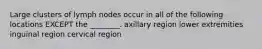 Large clusters of lymph nodes occur in all of the following locations EXCEPT the ________. axillary region lower extremities inguinal region cervical region