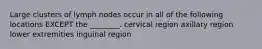 Large clusters of lymph nodes occur in all of the following locations EXCEPT the ________. cervical region axillary region lower extremities inguinal region