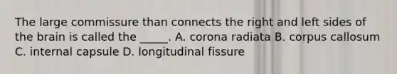 The large commissure than connects the right and left sides of the brain is called the _____. A. corona radiata B. corpus callosum C. internal capsule D. longitudinal fissure