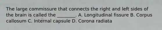 The large commissure that connects the right and left sides of the brain is called the ________. A. Longitudinal fissure B. Corpus callosum C. Internal capsule D. Corona radiata