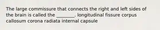 The large commissure that connects the right and left sides of the brain is called the ________. longitudinal fissure corpus callosum corona radiata internal capsule