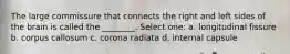 The large commissure that connects the right and left sides of the brain is called the ________. Select one: a. longitudinal fissure b. corpus callosum c. corona radiata d. internal capsule
