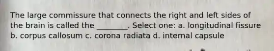 The large commissure that connects the right and left sides of the brain is called the ________. Select one: a. longitudinal fissure b. corpus callosum c. corona radiata d. internal capsule