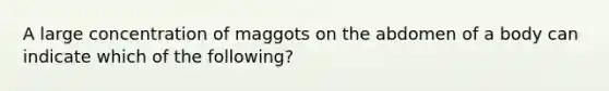 A large concentration of maggots on the abdomen of a body can indicate which of the following?