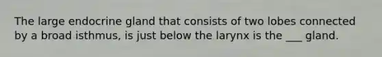 The large endocrine gland that consists of two lobes connected by a broad isthmus, is just below the larynx is the ___ gland.