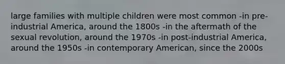 large families with multiple children were most common -in pre-industrial America, around the 1800s -in the aftermath of the sexual revolution, around the 1970s -in post-industrial America, around the 1950s -in contemporary American, since the 2000s