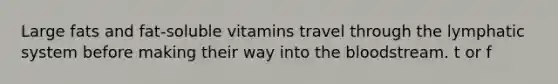 Large fats and fat-soluble vitamins travel through the lymphatic system before making their way into the bloodstream. t or f