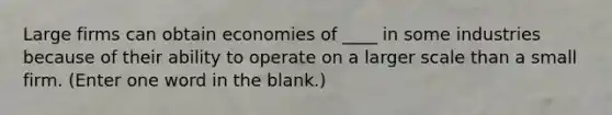 Large firms can obtain economies of ____ in some industries because of their ability to operate on a larger scale than a small firm. (Enter one word in the blank.)