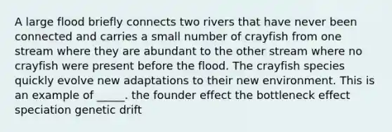 A large flood briefly connects two rivers that have never been connected and carries a small number of crayfish from one stream where they are abundant to the other stream where no crayfish were present before the flood. The crayfish species quickly evolve new adaptations to their new environment. This is an example of _____. the founder effect the bottleneck effect speciation genetic drift