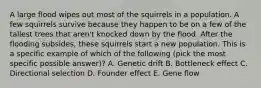 A large flood wipes out most of the squirrels in a population. A few squirrels survive because they happen to be on a few of the tallest trees that aren't knocked down by the flood. After the flooding subsides, these squirrels start a new population. This is a specific example of which of the following (pick the most specific possible answer)? A. Genetic drift B. Bottleneck effect C. Directional selection D. Founder effect E. Gene flow