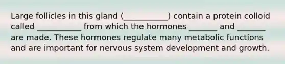 Large follicles in this gland (___________) contain a protein colloid called ___________ from which the hormones _______ and _______ are made. These hormones regulate many metabolic functions and are important for nervous system development and growth.