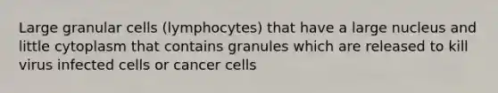 Large granular cells (lymphocytes) that have a large nucleus and little cytoplasm that contains granules which are released to kill virus infected cells or cancer cells