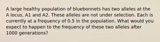 A large healthy population of bluebonnets has two alleles at the A locus, A1 and A2. These alleles are not under selection. Each is currently at a frequency of 0.5 in the population. What would you expect to happen to the frequency of these two alleles after 1000 generations?