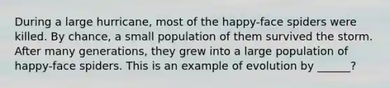 During a large hurricane, most of the happy-face spiders were killed. By chance, a small population of them survived the storm. After many generations, they grew into a large population of happy-face spiders. This is an example of evolution by ______?