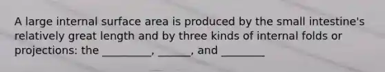 A large internal surface area is produced by the small intestine's relatively great length and by three kinds of internal folds or projections: the _________, ______, and ________