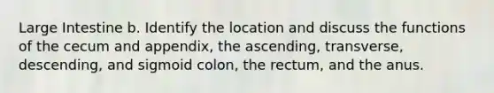 Large Intestine b. Identify the location and discuss the functions of the cecum and appendix, the ascending, transverse, descending, and sigmoid colon, the rectum, and the anus.