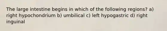 The large intestine begins in which of the following regions? a) right hypochondrium b) umbilical c) left hypogastric d) right inguinal