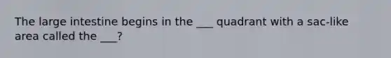 The large intestine begins in the ___ quadrant with a sac-like area called the ___?