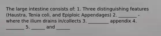 The large intestine consists of: 1. Three distinguishing features (Haustra, Tenia coli, and Epiploic Appendages) 2. ________ - where the ilium drains in/collects 3. _________ appendix 4. ________ 5. ______ and ______