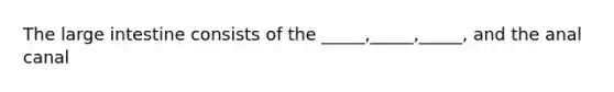 The large intestine consists of the _____,_____,_____, and the anal canal