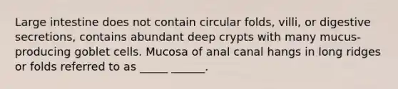 Large intestine does not contain circular folds, villi, or digestive secretions, contains abundant deep crypts with many mucus-producing goblet cells. Mucosa of anal canal hangs in long ridges or folds referred to as _____ ______.