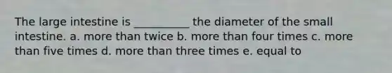 The <a href='https://www.questionai.com/knowledge/kGQjby07OK-large-intestine' class='anchor-knowledge'>large intestine</a> is __________ the diameter of <a href='https://www.questionai.com/knowledge/kt623fh5xn-the-small-intestine' class='anchor-knowledge'>the small intestine</a>. a. <a href='https://www.questionai.com/knowledge/keWHlEPx42-more-than' class='anchor-knowledge'>more than</a> twice b. more than four times c. more than five times d. more than three times e. equal to