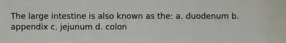 The large intestine is also known as the: a. duodenum b. appendix c. jejunum d. colon