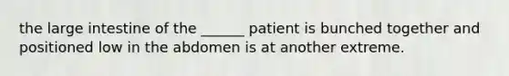 the large intestine of the ______ patient is bunched together and positioned low in the abdomen is at another extreme.